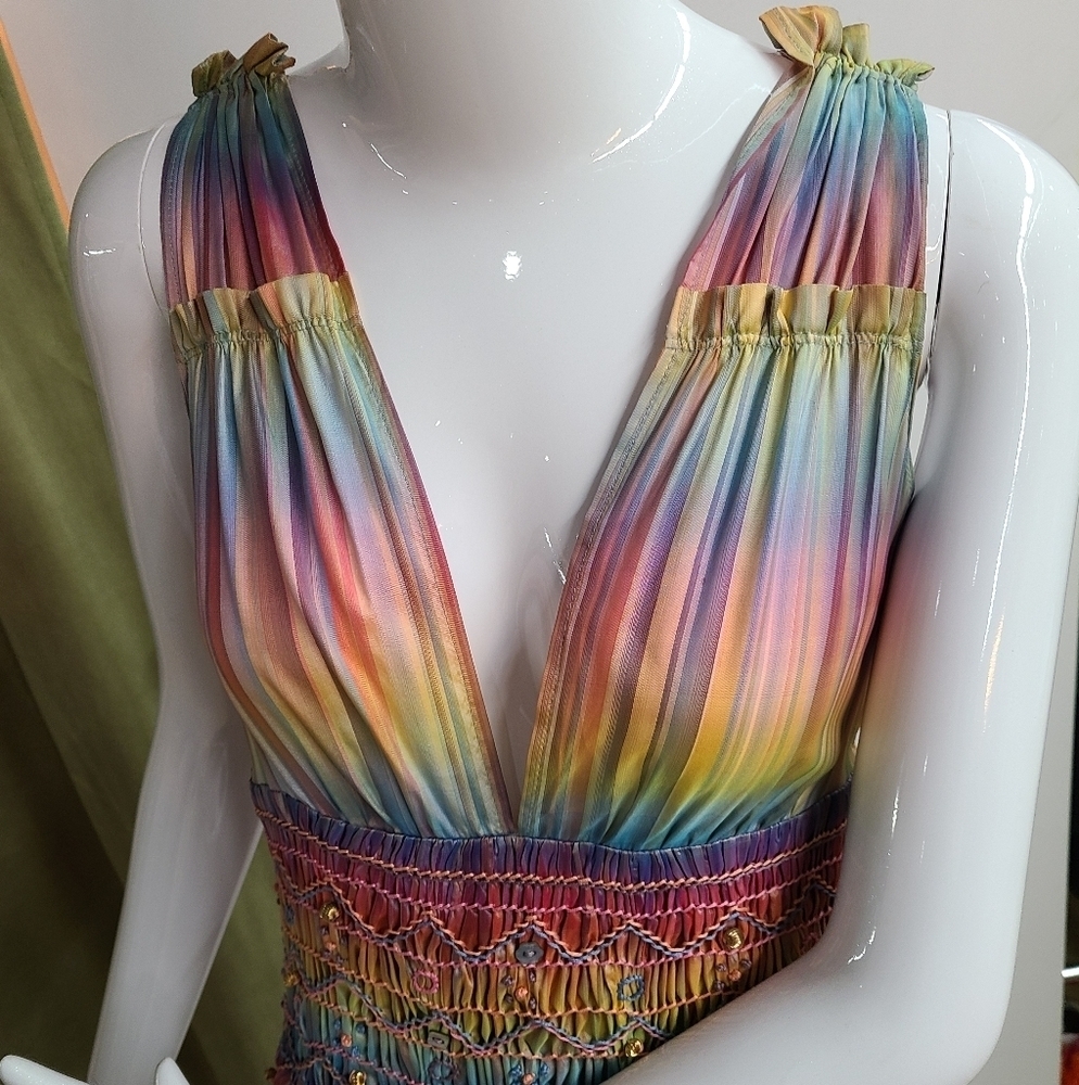 💥RUNWAY Matthew Williamson 100% Silk Colorful Beaded Embroidered Dress Size 6 - Picture 3 of 16